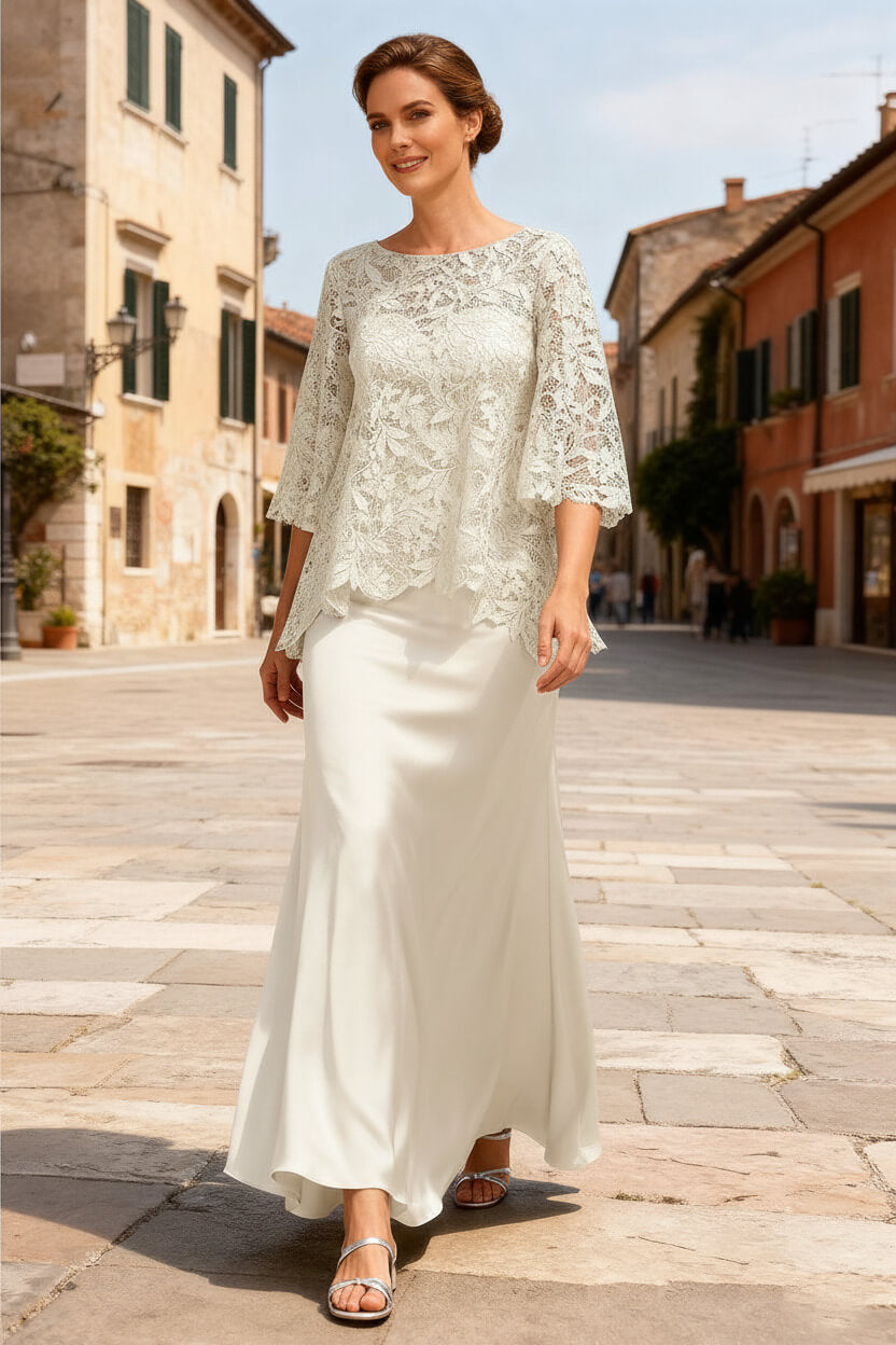 Dreamyannie Dusty Sage Satin Bateau Neck Ankle Length Mother Of The Bride Dress With Sleeves