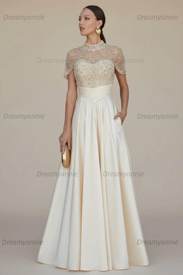 Green A Line Prom Dress Short Sleeve High Neck Beaded Formal Dress