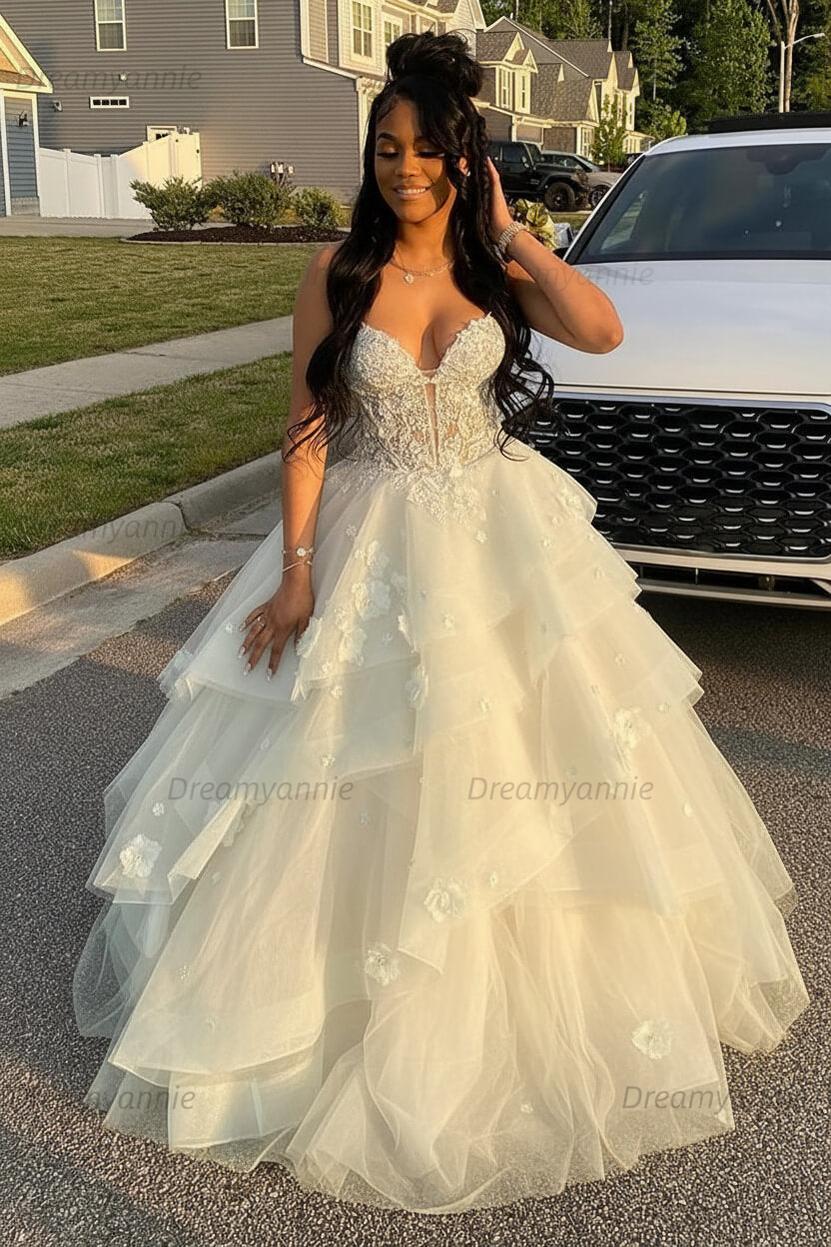 Dreamyannie Sage Prom Dress Floral Tiered Ruffles A-Line Sweetheart Corset Long Formal Dress