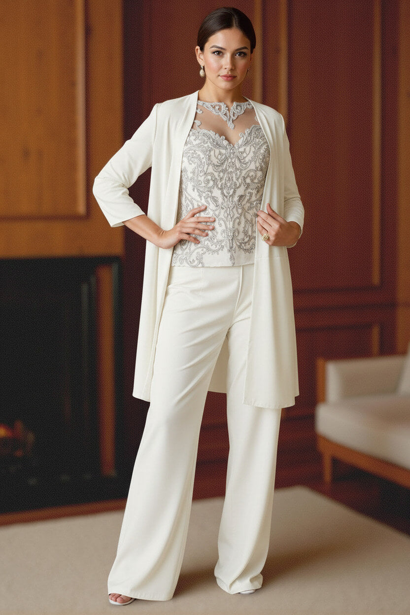 Dreamyannie Light Blue Bateau Neck Chiffon 3 Piece Mother Of The Bride Pant Suits With Jacket