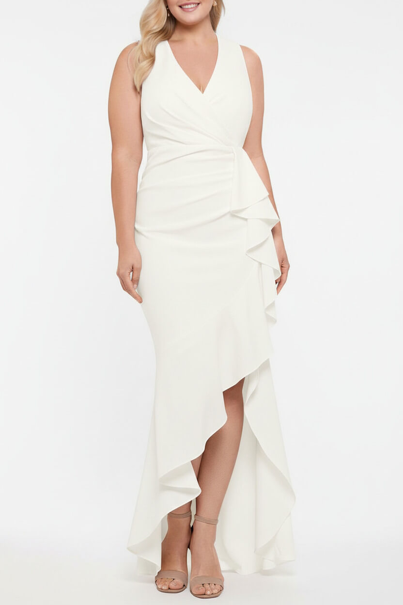 V Neck Sleeveless Plus Size Long Sheath Column Mother of the Bride Dresses with Ruffles