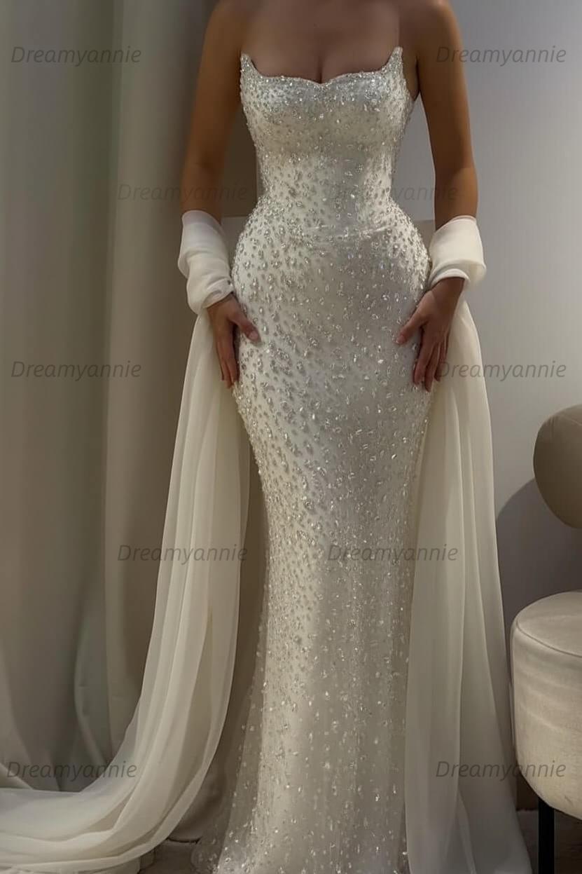 Pink Mermaid Prom Dress Strapless Beaded Formal Dress