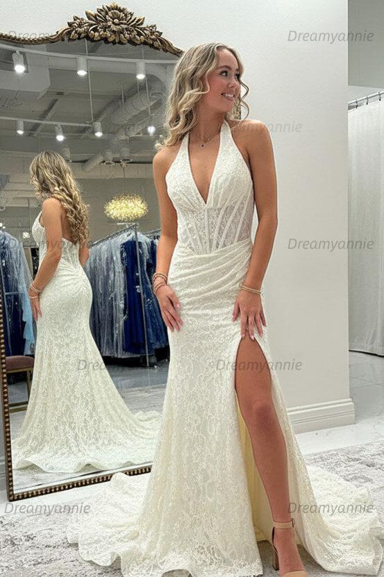 Dreamyannie Halter Pink Prom Dress Long Lace Formal Dress With Slit