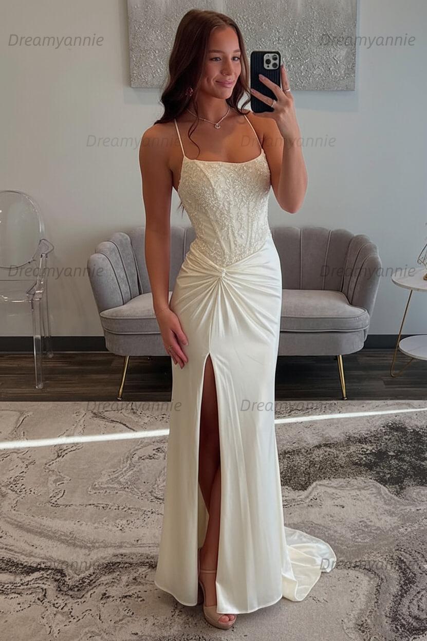 Dreamyannie Red Prom Dress Spaghetti Straps Ruhed Long Lace Formal Dress With Appliques