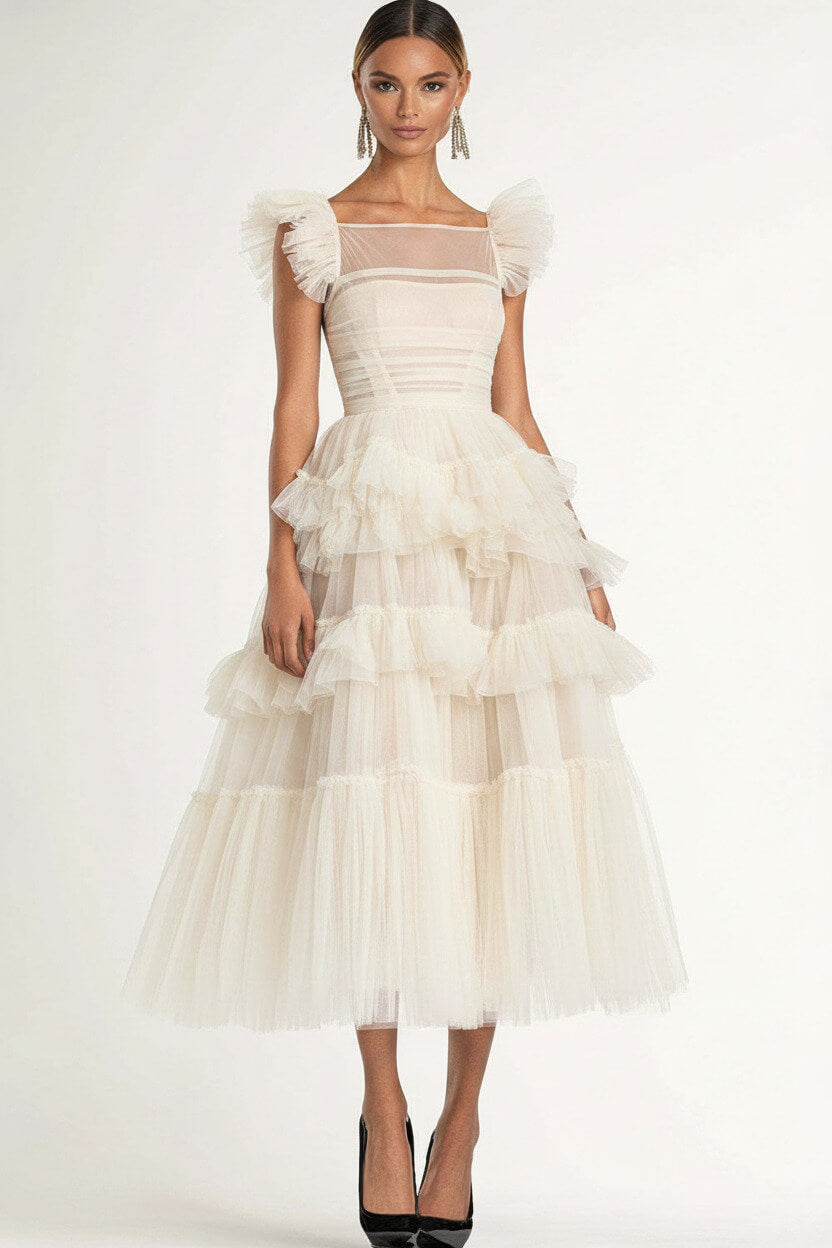 Dreamyannie Tea Length Black Wedding Guest Dress A-Line Flatter Sleeves Tulle Formal Dress With Ruffles