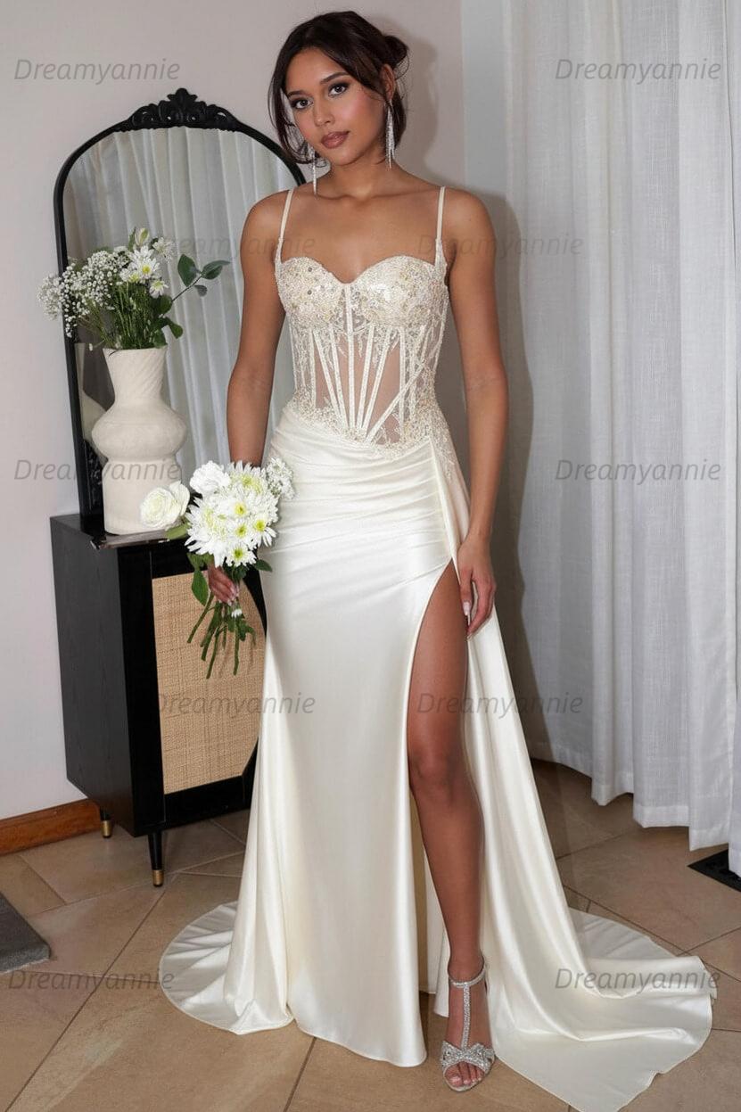 Corset Sequined Prom Dress Satin Appliqued Long Evening Dress With Slit