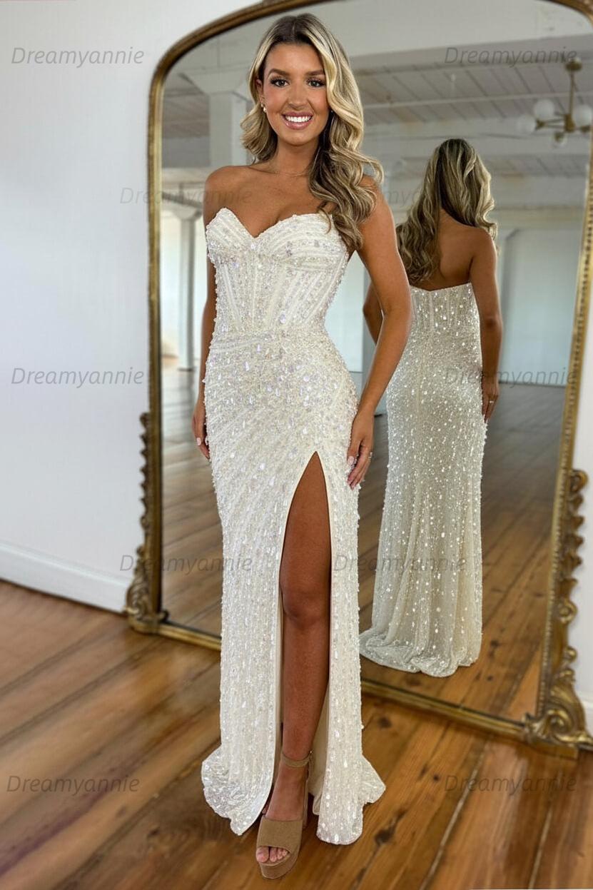 Dreamyannie Sweetheart Mermaid Sequined Prom Dress With High Slit Skirt