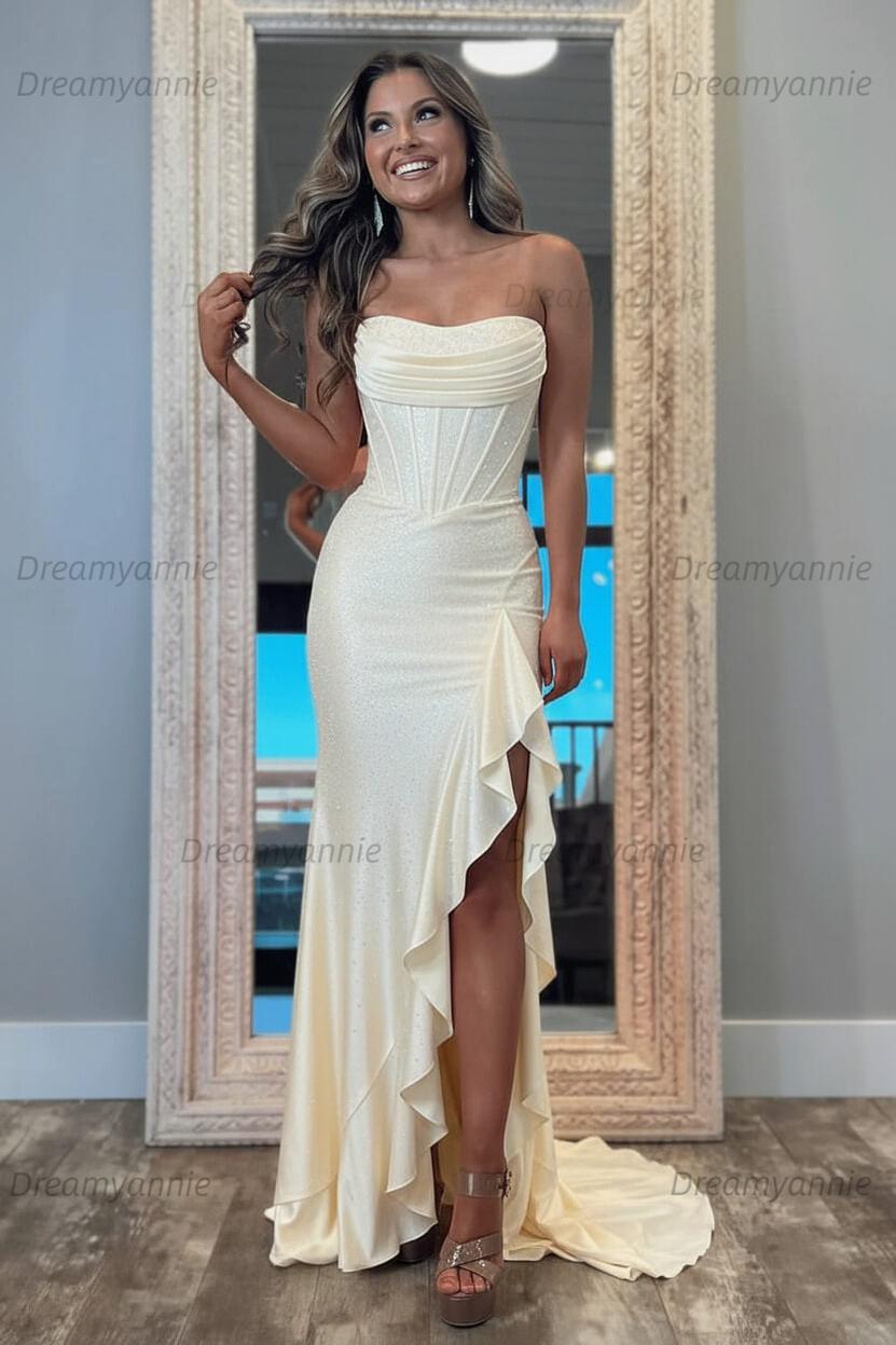 Hot Pink Beaded Prom Dress Strapless Corset Ruffled Formal Dress With Slit