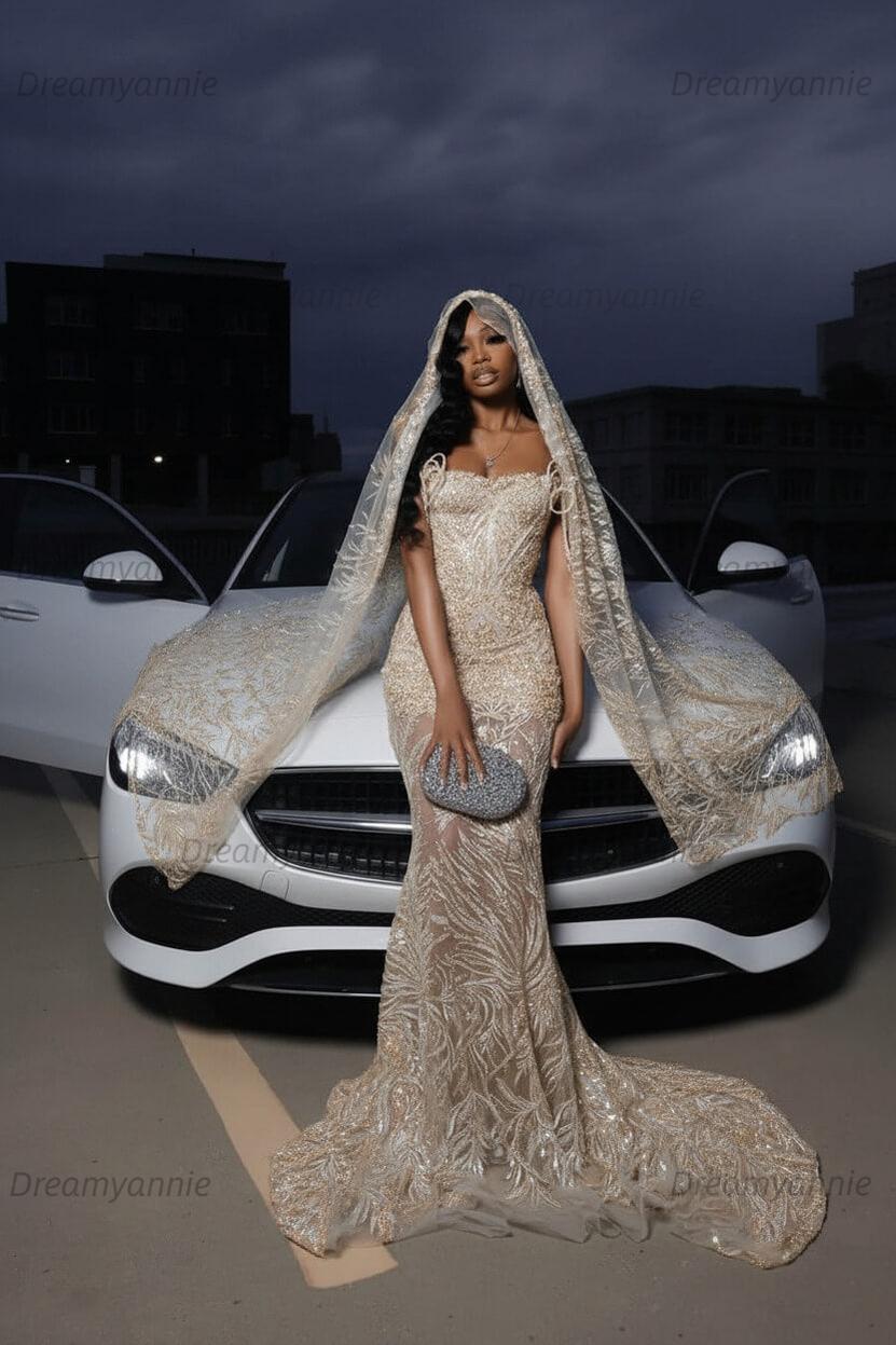 Strapless Silver Prom Dress Sequined Tulle Mermaid Formal Evening Dress