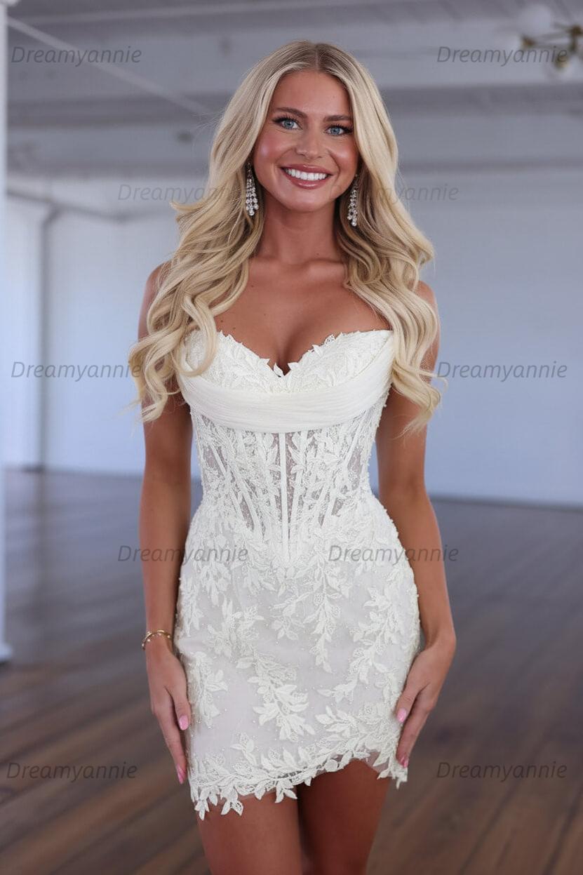 Red Lace Applique Strapless Corset Bodycon Homecoming Dress