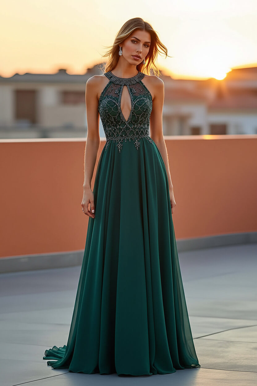 Dreamyannie Beaded Navy Wedding Guest Dress Halter Long Formal Dress With Embroideries