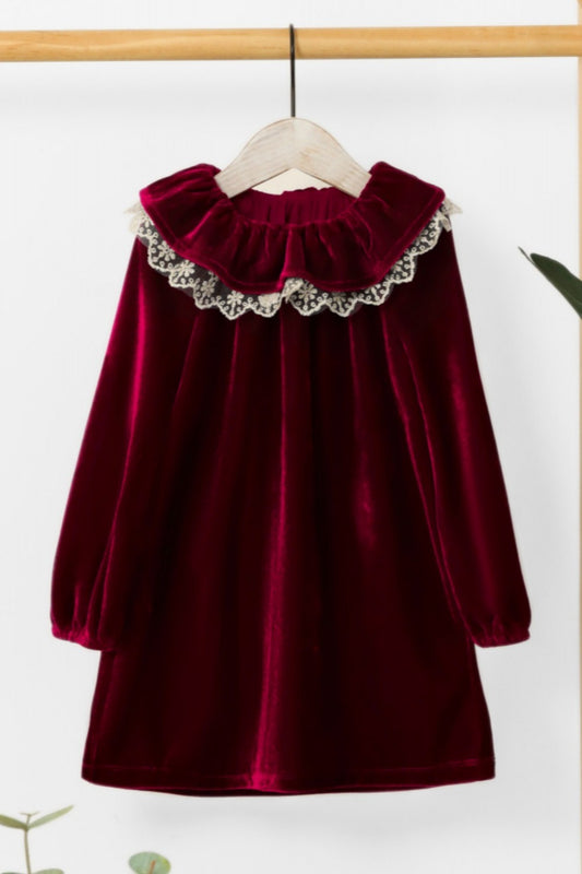 Burgundy Velvet Long Sleeve Cute Neck Girl Dress