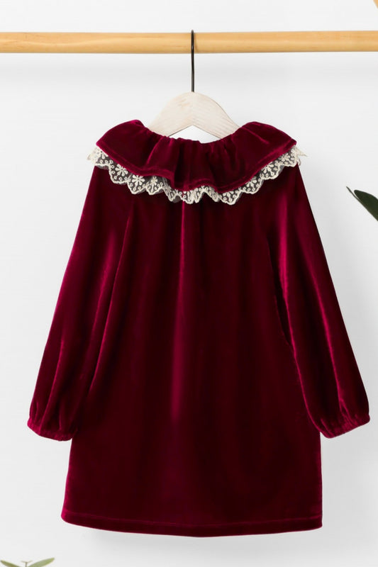 Burgundy Velvet Long Sleeve Cute Neck Girl Dress