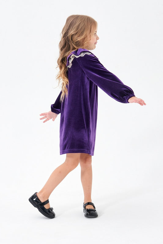 Purple Velvet Long Sleeve Cute Neck Girl Dress