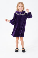 Burgundy Velvet Long Sleeve Cute Neck Girl Dress