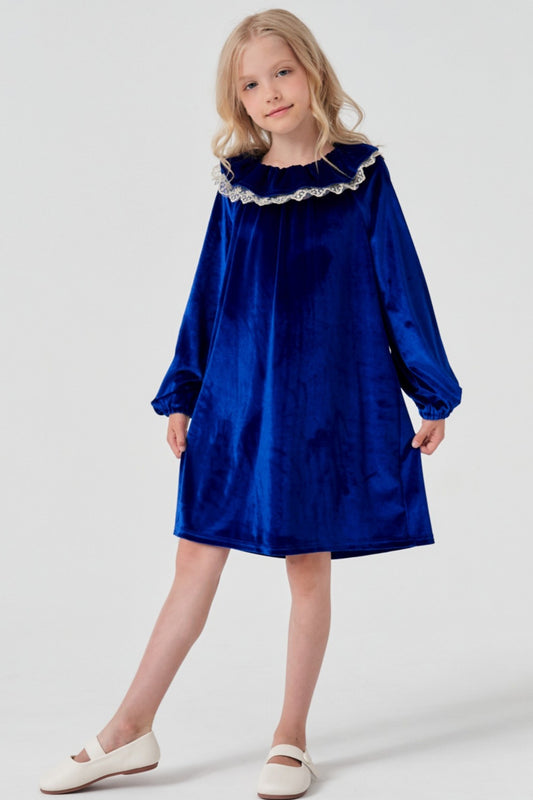 Royal Blue Velvet Long Sleeve Cute Neck Girl Dress