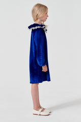 Royal Blue Velvet Long Sleeve Cute Neck Girl Dress