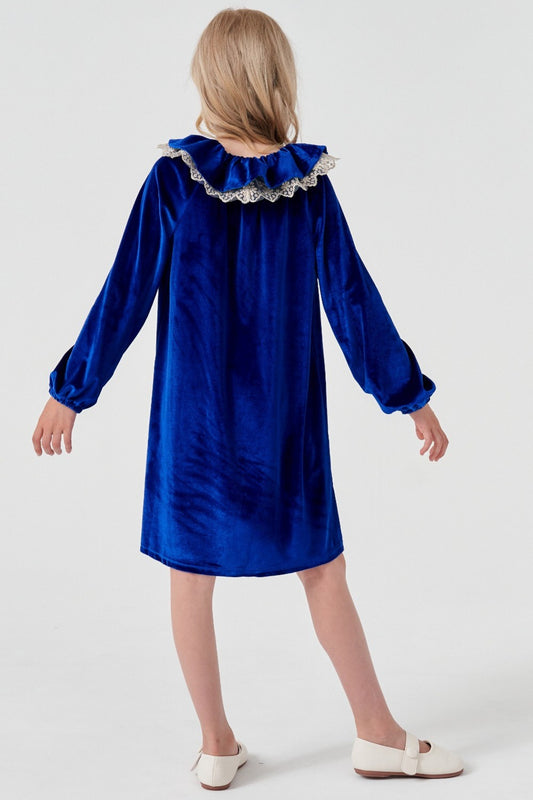 Royal Blue Velvet Long Sleeve Cute Neck Girl Dress