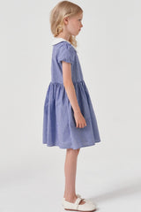 Blue Grid Velvet Puff Sleeve Cute Neck Girl Dress