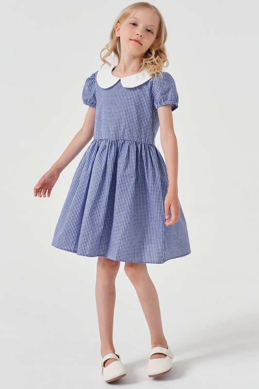 Blue Grid Velvet Puff Sleeve Cute Neck Girl Dress