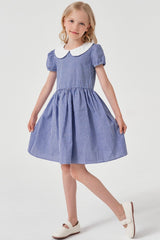 Blue Grid Velvet Puff Sleeve Cute Neck Girl Dress