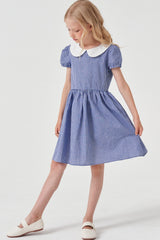 Blue Grid Velvet Puff Sleeve Cute Neck Girl Dress