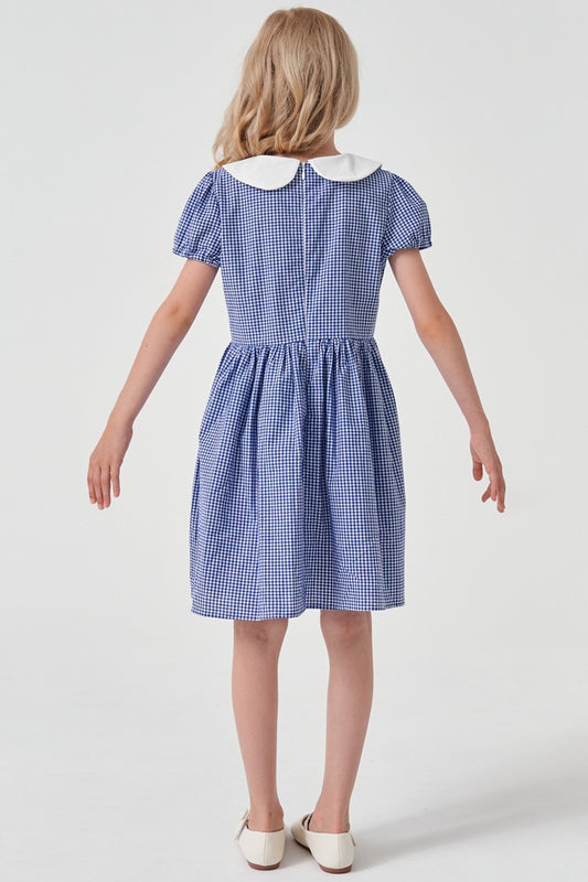 Blue Grid Velvet Puff Sleeve Cute Neck Girl Dress