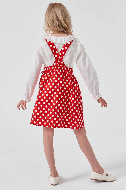 Red Polka Dots Long Sleeve Cute Neck Girl Dress & Top