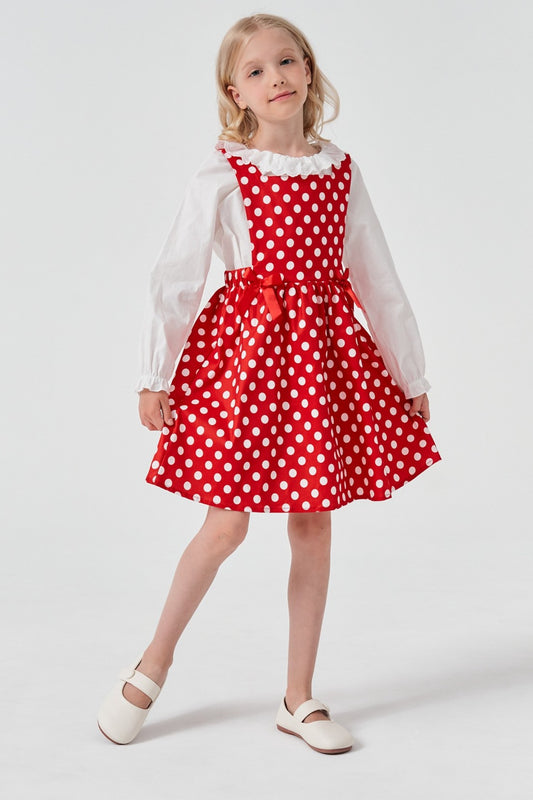 Red Polka Dots Long Sleeve Cute Neck Girl Dress & Top