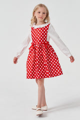 Red Polka Dots Long Sleeve Cute Neck Girl Dress & Top