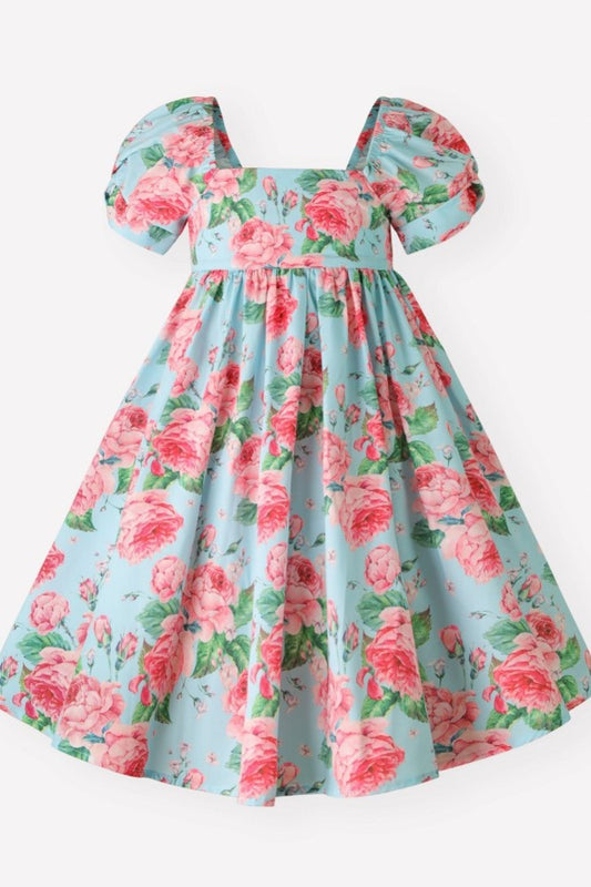 Blue Floral Puff Sleeve Square Neck Back to School Girl Dress