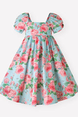 Coral Floral Puff Sleeve Square Neck Back to School Girl Dress