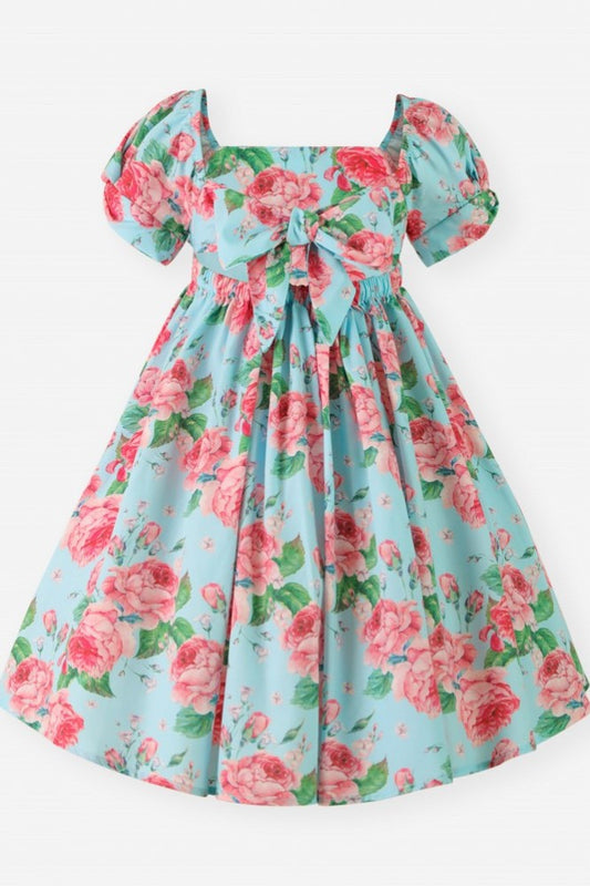 Blue Floral Puff Sleeve Square Neck Back to School Girl Dress