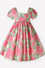 Green Floral Puff Sleeve Square Neck Back to School Girl Dress