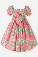 Dusty Rose Floral Puff Sleeve Square Neck Back to School Girl Dress