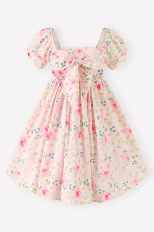 Ivory Floral Puff Sleeve Square Neck Back to School Girl Dress