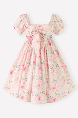 Dusty Rose Floral Puff Sleeve Square Neck Back to School Girl Dress