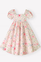 Ivory Floral Puff Sleeve Square Neck Back to School Girl Dress