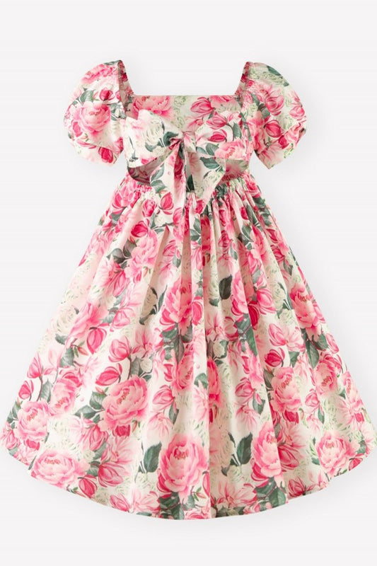 Pink Floral Puff Sleeve Square Neck Back to School Girl Dress