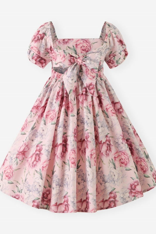 Dusty Rose Floral Puff Sleeve Square Neck Back to School Girl Dress