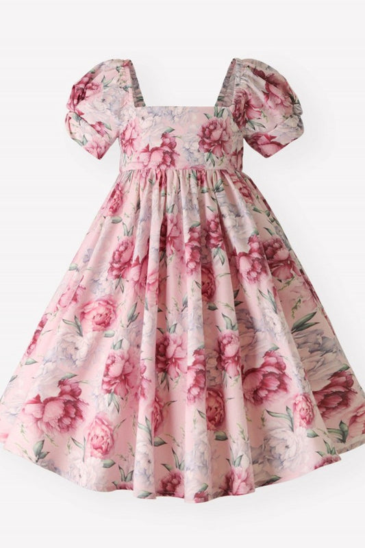 Dusty Rose Floral Puff Sleeve Square Neck Back to School Girl Dress