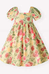 Green Floral Puff Sleeve Square Neck Back to School Girl Dress