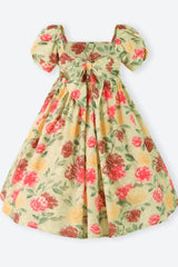 Yellow Floral Puff Sleeve Square Neck Back to School Girl Dress