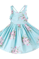 Blue Floral Sleeveless Backless Girl Dress