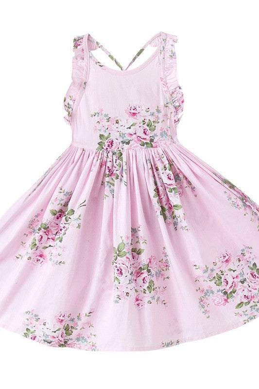 Pink Floral Sleeveless Backless Girl Dress