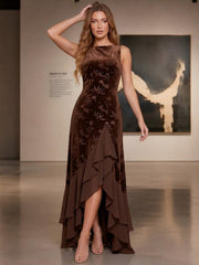 Burnout Velvet A-Line Evening Dress with Boat Neck and Ruffles