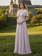 Chiffon A-Line Mother of the Bride Dress with Flutter Sleeves and Pleated Waist