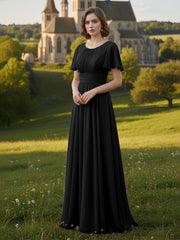 Chiffon A-Line Mother of the Bride Dress with Flutter Sleeves and Pleated Waist