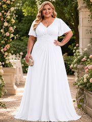 Chiffon A-Line Mother of the Bride Dress with Beading and Flutter Sleeves