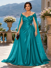Satin A-Line Mother of the Bride Dress with Off-Shoulder Neckline and Rhinestones